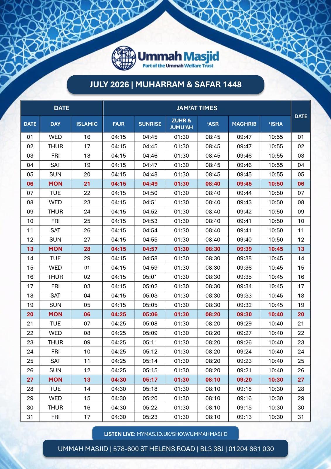 July 2026 Namaz Time of Ummah Masjid Bolton