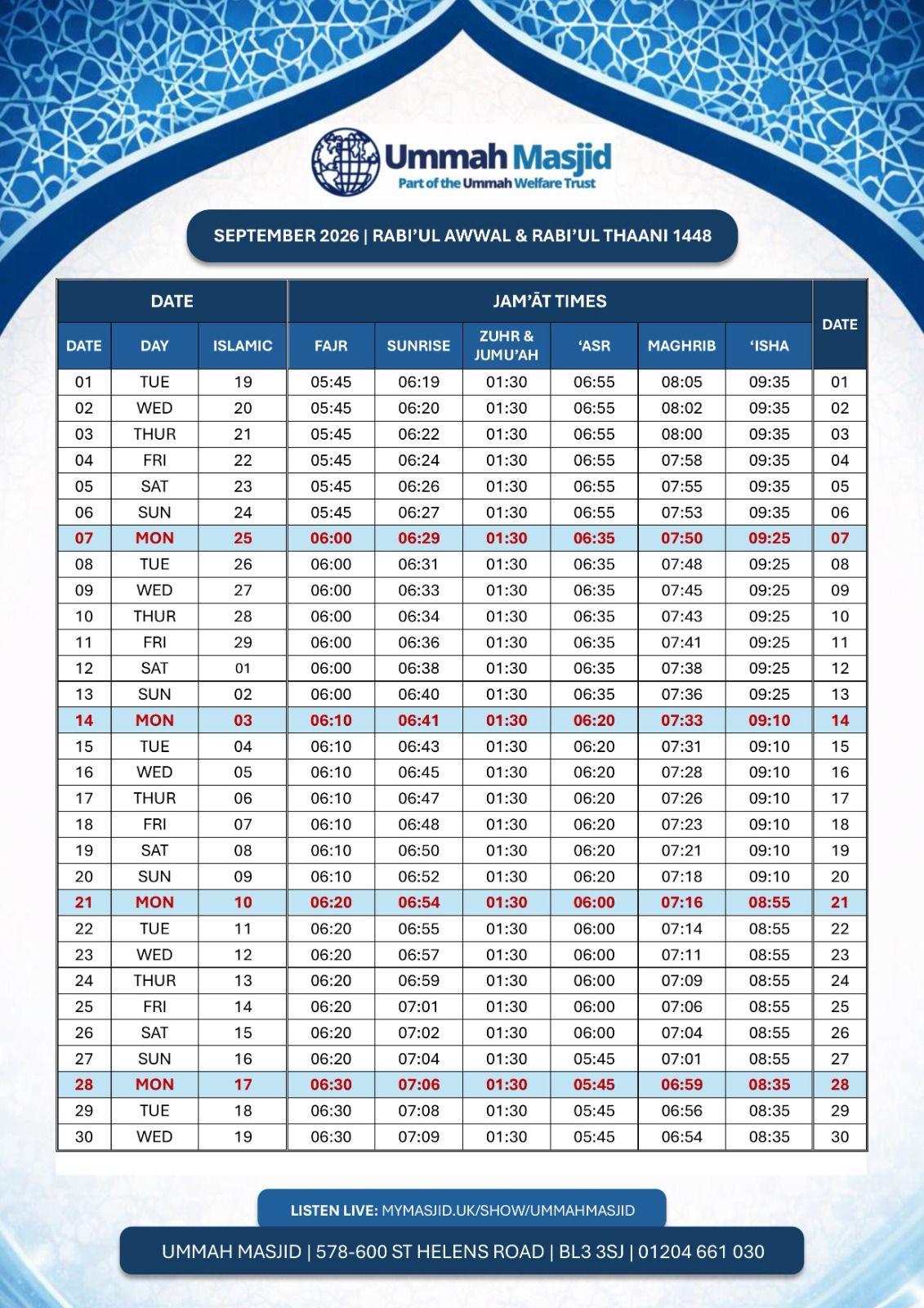 September 2026 Namaz Time of Ummah Masjid Bolton