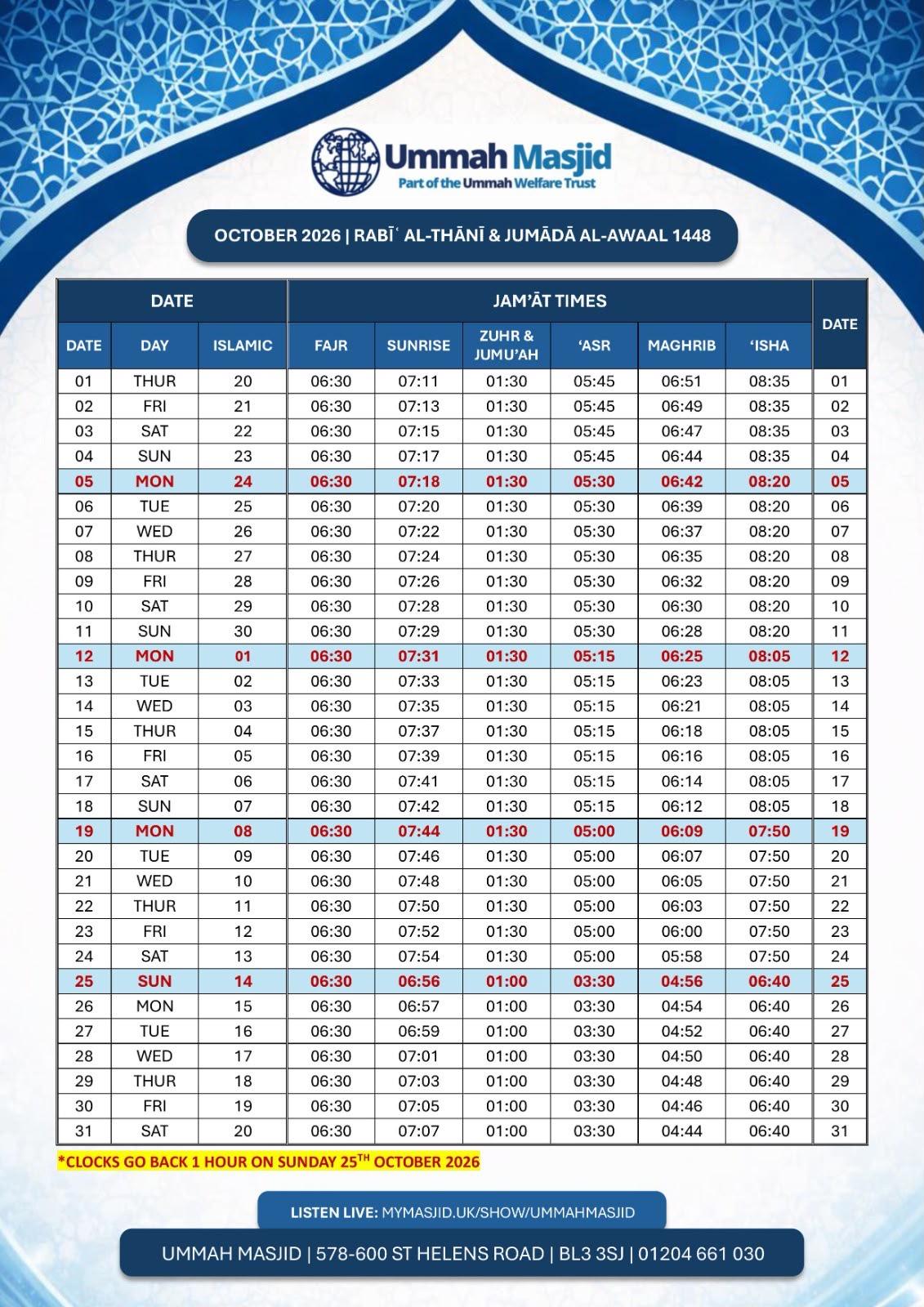 October 2026 Namaz Time of Ummah Masjid Bolton